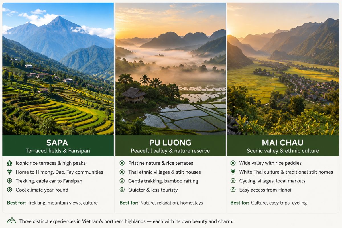 Comparison of three northern Vietnam highlands — Sapa, Pu Luong, and Mai Chau